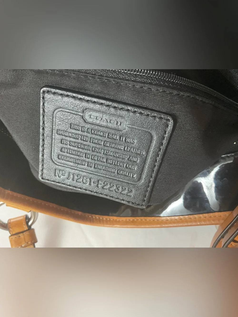 Coach -F22322-PEYTON-embossed, patent leather, tan leather trim, medium tote
